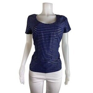 F. Joie Silk Blouse Size S Blue Blouse Striped Shirt Short Sleeve Crew